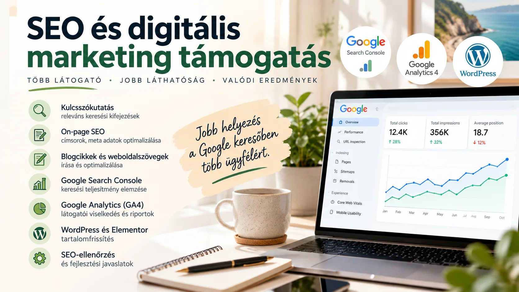 SEO és digitális marketing támogatás – kulcsszókutatás, weboldal-optimalizálás